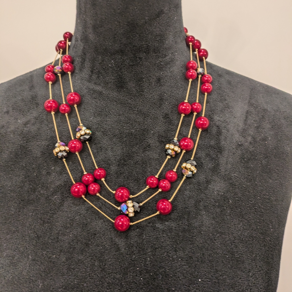 Lot Of 3 Vibrant Red Blue Gold Statement Necklace with Multi-Strand Design